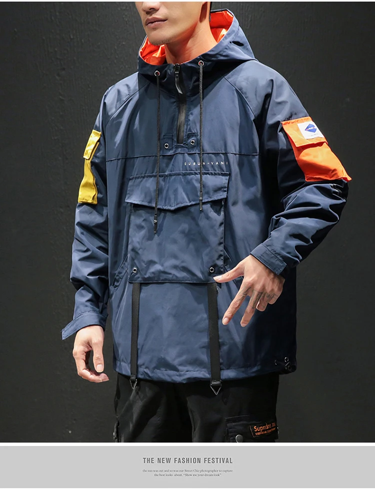Hip Hop Spring Jackets Men Windbreaker Patchwork Autumn Loose Casual Hooded Jacket Male Coats Zipper Tracksuit Streetwear