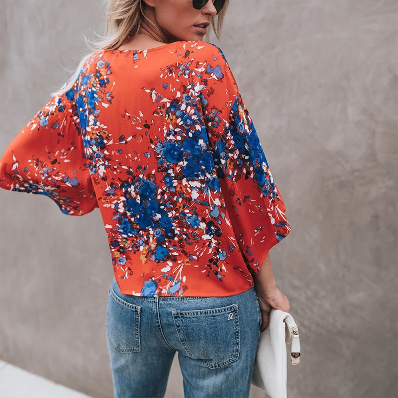 Летняя женская шифоновая блузка с v-образным вырезом рукав 3/4 цветочный принт