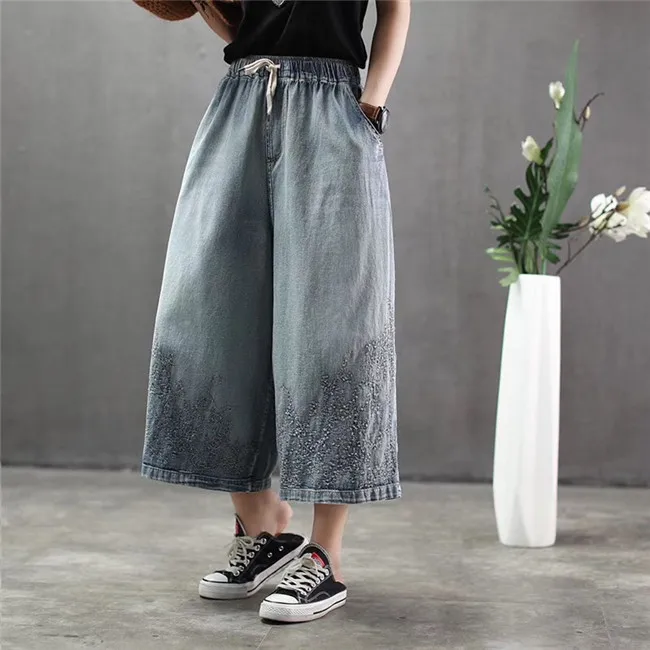 Ковбойские брюки с вышивкой эластичная талия галстук и штаны 2019 | Женская одежда