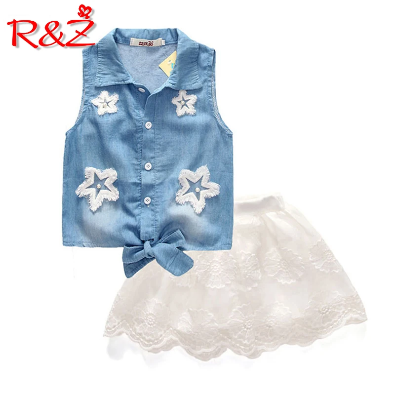 R & Z/комплекты одежды для девочек ковбойская куртка с кружевом топ + юбка модный