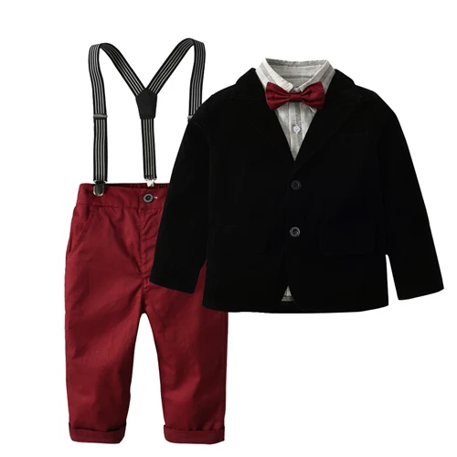 Черный new children boy formal suits coat+ shirt+ pant 3 pcs clothing sets kids 2-7 year Red wine trousers baby boys clothes set - Цвет: Черный