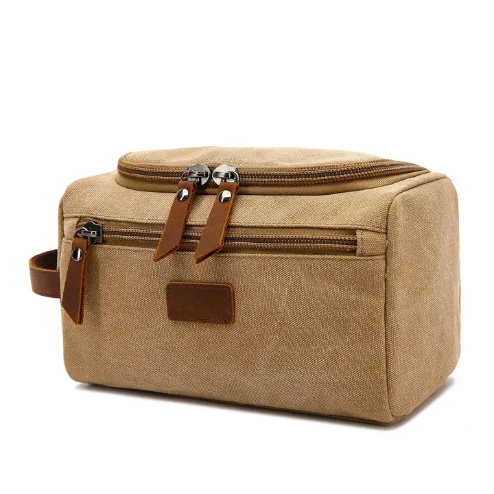 Khaki New Men Travel Toiletry Bag Wash Shaving Dopp Kit Packing Cubes Bags Dopp Kit for Canvas Leather Women Travel Bag Cosmetic Pouch - Color: Khaki