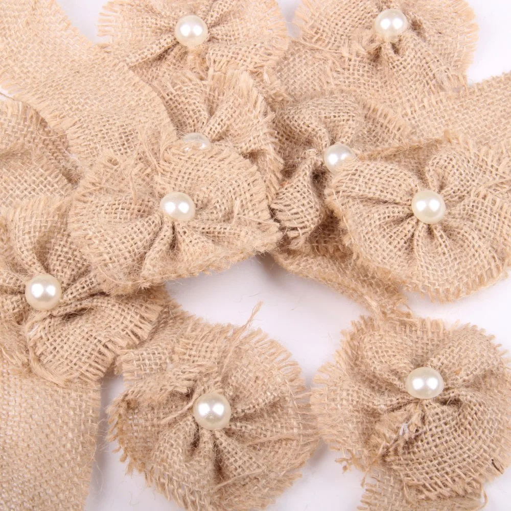 

6Pcs/set Jute Hessian Burlap Flowers Pearl Posy Rustic Wedding Party Decor