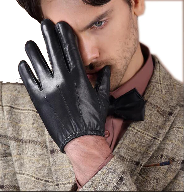 Мужские перчатки из натуральной овечьей кожи черные с сенсорным экраном на