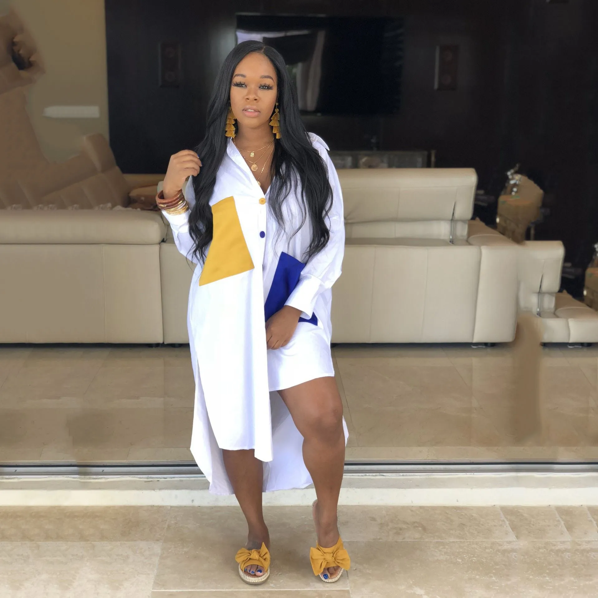 Женское свободное платье рубашка с длинным рукавом повседневное неоново зеленое