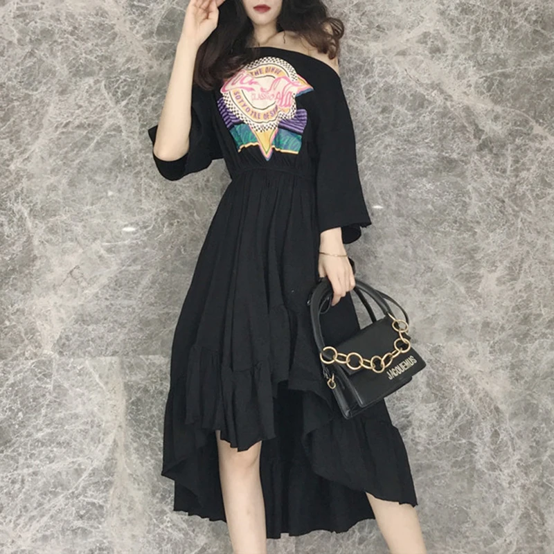 PERHAPS U black white purple slash neck flare ruffle half sleeve midi dress summer letter print asymmetrical Mermaid D1165 | Женская