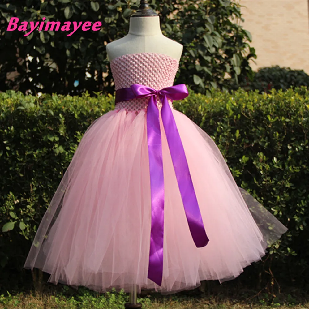 Cute Girls Pink Crochet Long Tutu Dress Kids Fluffy Corset Tulle Tutus Ball Gown with Ribbon Bow Children Wedding Party Dresses | Детская