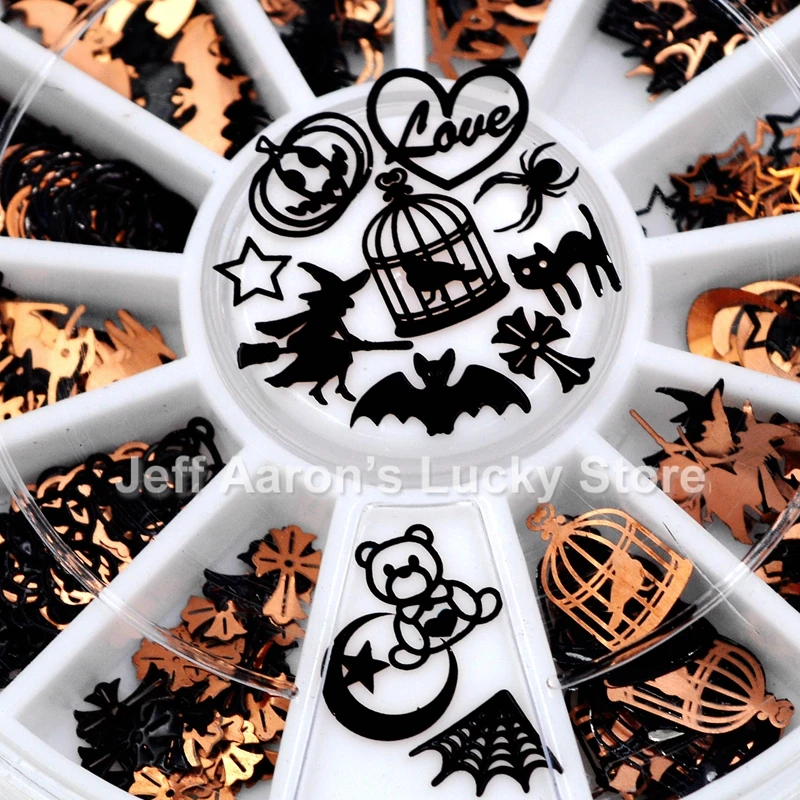

Mixed 12 shapes black gold metal Halloween Christmas nail art decorations slice nail foil decals fake nails accessoires wheel