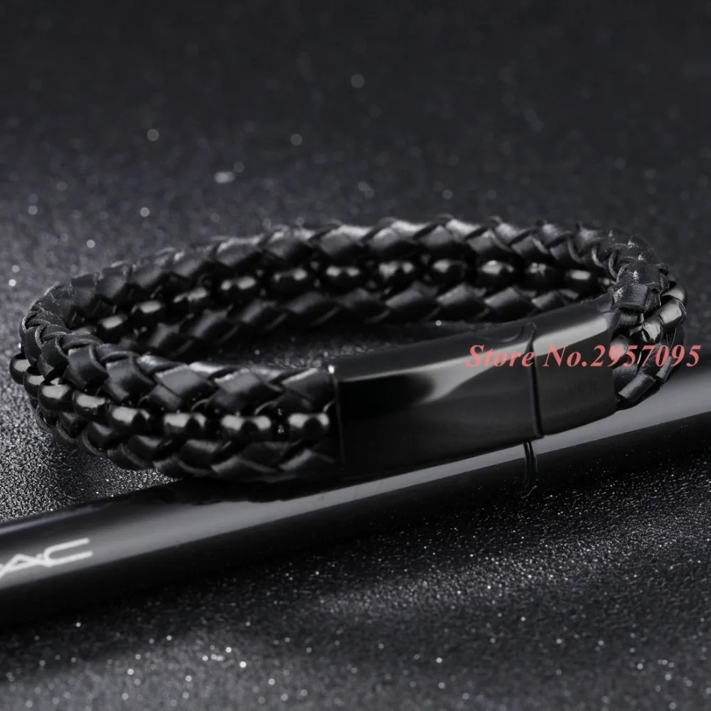 Genuine Leather Braided Mens Bracelets Bangles Highly Polished Black Stainless Steel Magnetic Best Friend Gift | Украшения и