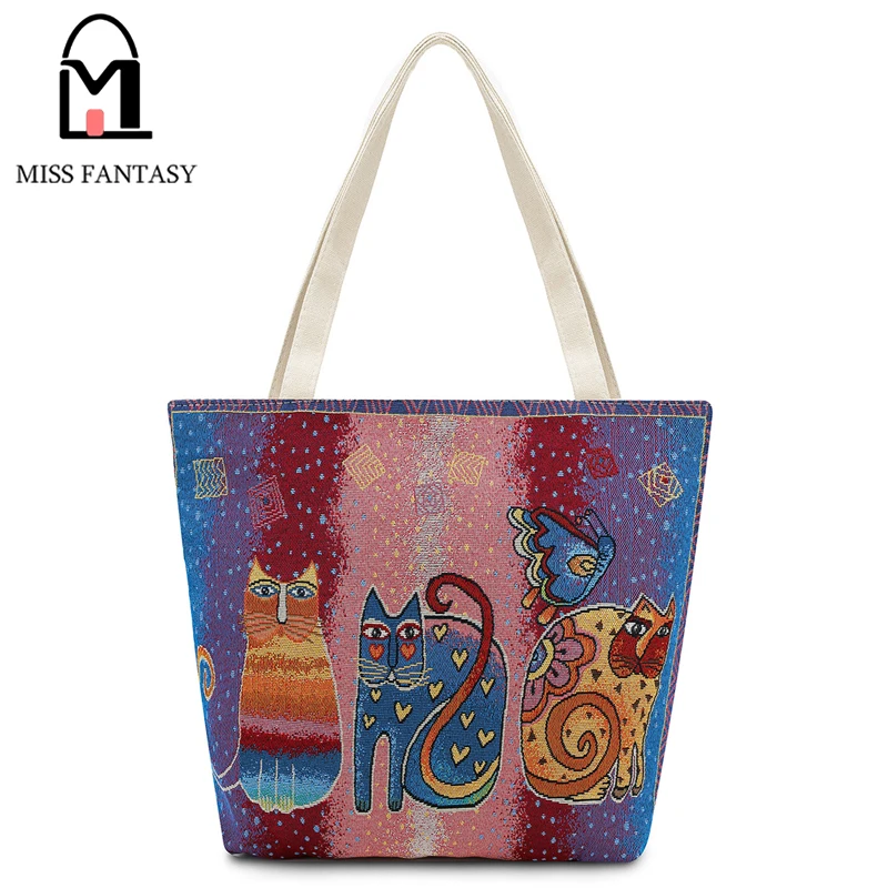 Для женщин Холст сумки Вышивка три с рисунком кота Национальный Стиль Пляж