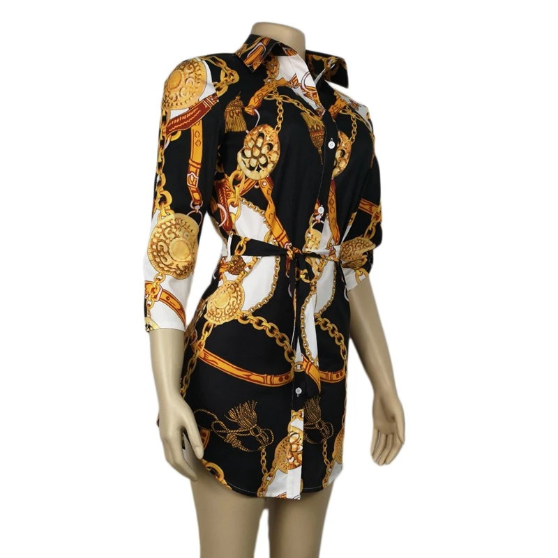 Модное женское платье-блузка со средним рукавом и принтом в виде цепочки топы с