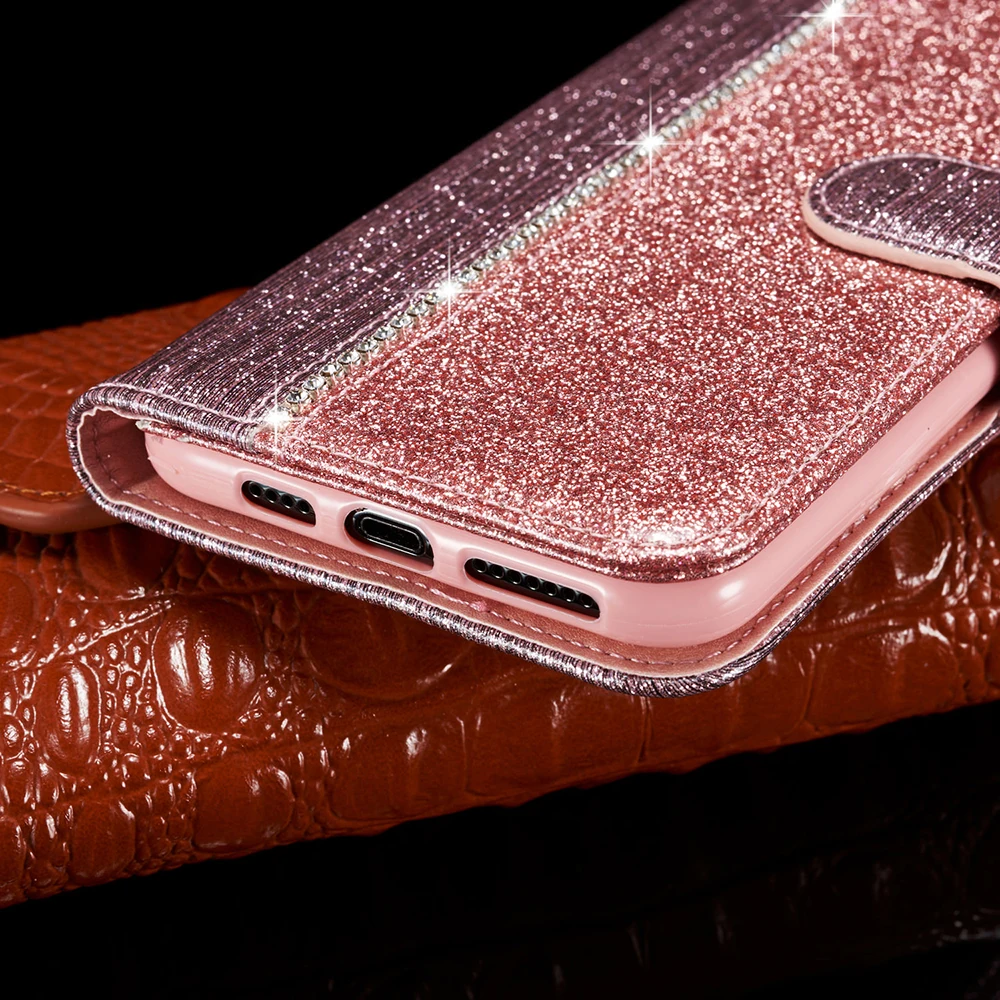 Стразы, блестящий кожаный чехол для iPhone 6, 6 S, 7, 8 Plus, X, XR, XS Max, чехол-кошелек для карт, флип-чехол для телефона, для iPhone 11 Pro Max