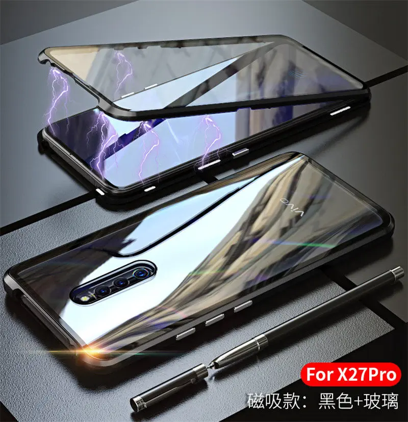 Роскошный Магнитный чехол для VIVO X27 Pro, чехол, металлический бампер, Передняя Задняя крышка из закаленного стекла для VIVO X27 X27pro, чехол, coque - Цвет: Black