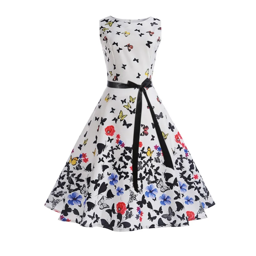 Женское винтажное платье с цветочным принтом черное поясом без рукавов в