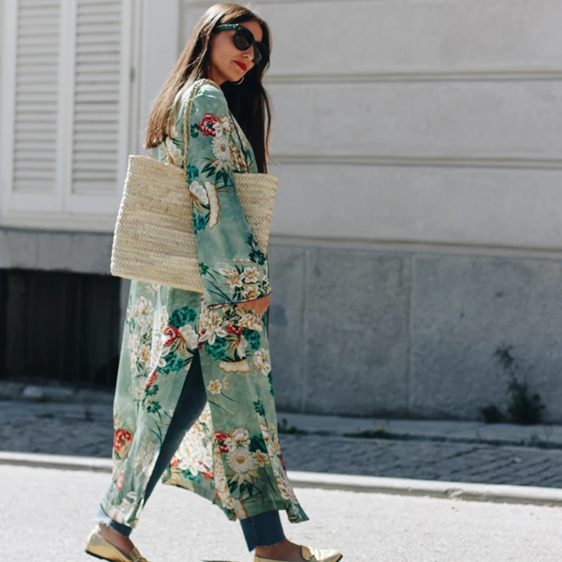 Женская летняя обувь кимоно кардиган с длинными рукавами и Цветочный принт Сыпь