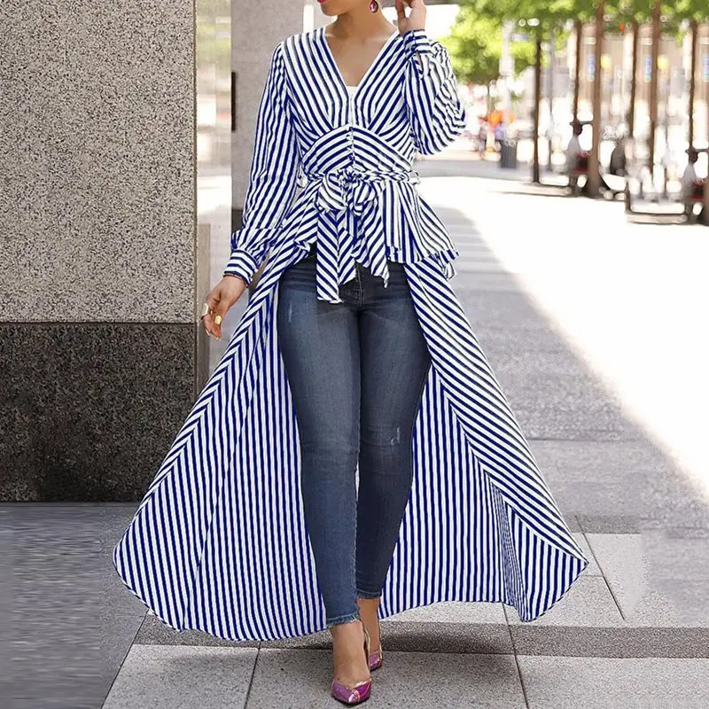 Офис размера плюс синие африканские женские длинные блузки повседневные рубашки