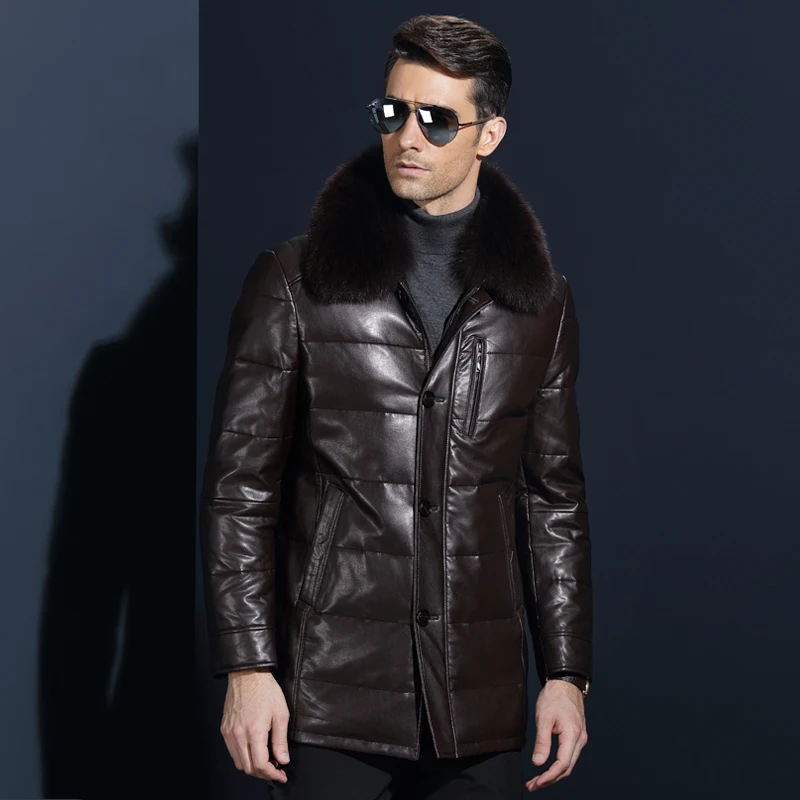 Новинка 2017 длинное пальто из искусственной кожи на утином пуху Мужское отличного