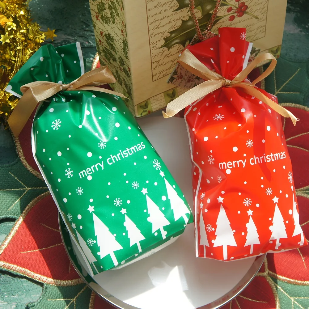 

23.5*14.5cm 50pcs Red Green Christmas Tree Design Bag Christmas Party Gift Plastic Packaging Bags As DIY Bake Use