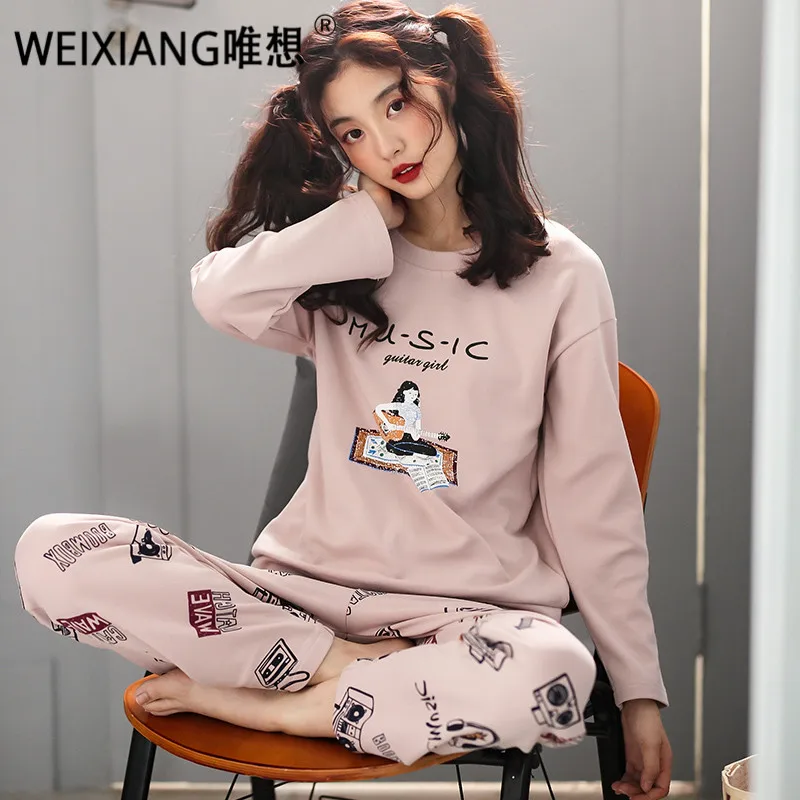 WEIXIANG 2019 Новый печати Пижама женская Демисезонный зимняя пижама хлопковая