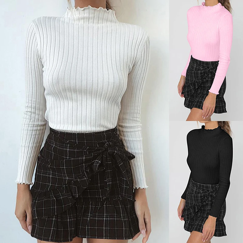 Women Winter Cute Ruffles Neck Knitted Pullover Sweaters Ladies Fashion Solid Slim Crochet Sweater Female Knit Tops | Женская одежда