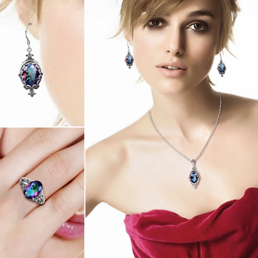 Dubai Jewelry Sets Earrings & Ring Fire Mystic Rainbow Vintage Crystal Earrings Solid 925 Silver Bridal Wedding Schmuck Sets