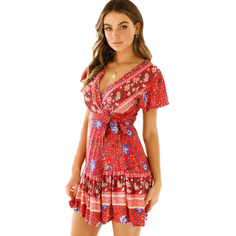 2019 Womens V-Neck Boho Floral Chiffon Summer Wrap Bandge Party Evening Beach Short Mini Dresses Sundress 190314 | Женская одежда