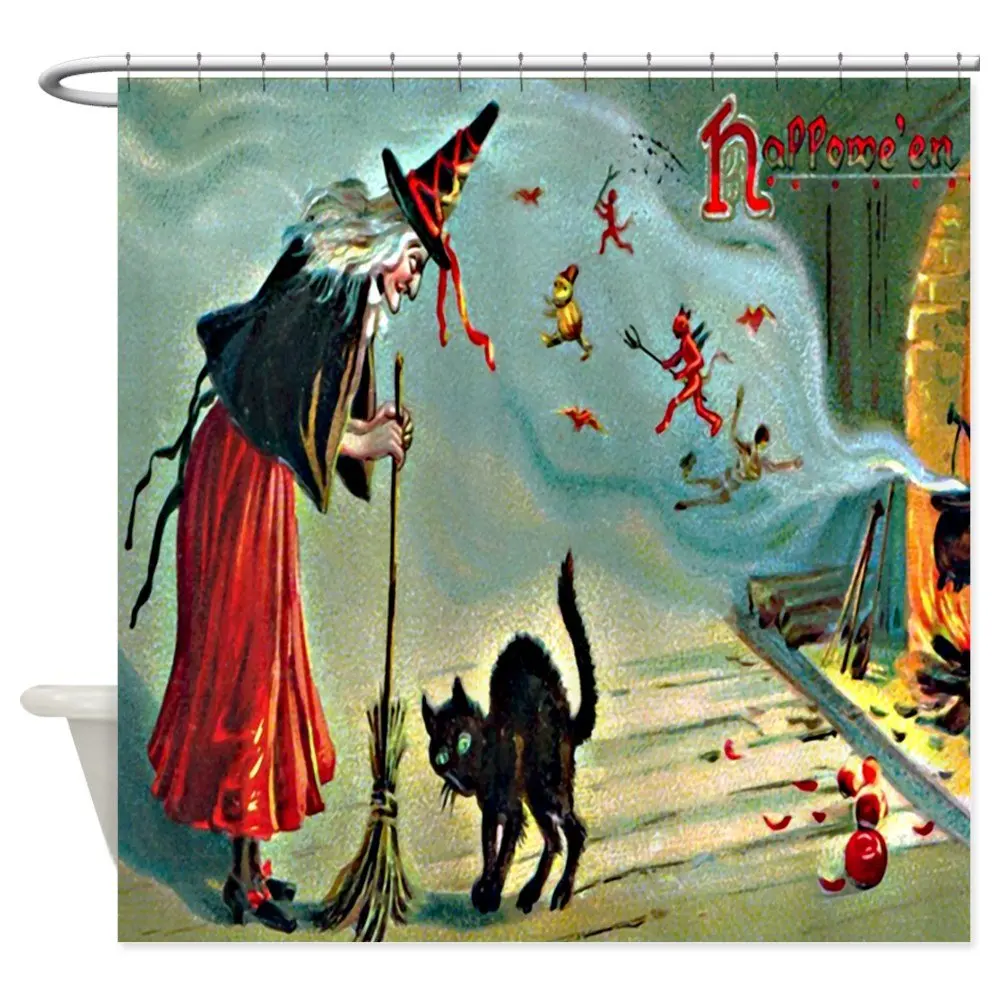 

Design Vintage Halloween Witch Black Cat Decorative Fabric Shower Curtain