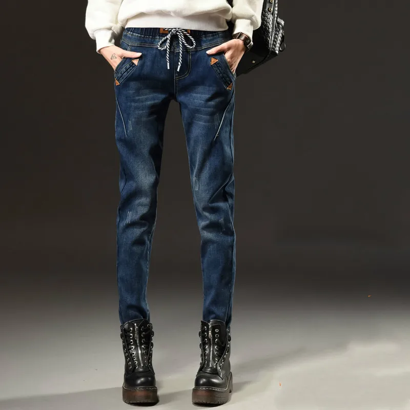 2016 женские джинсовые брюки синие джинсы с высокой талией и завязками шаровары