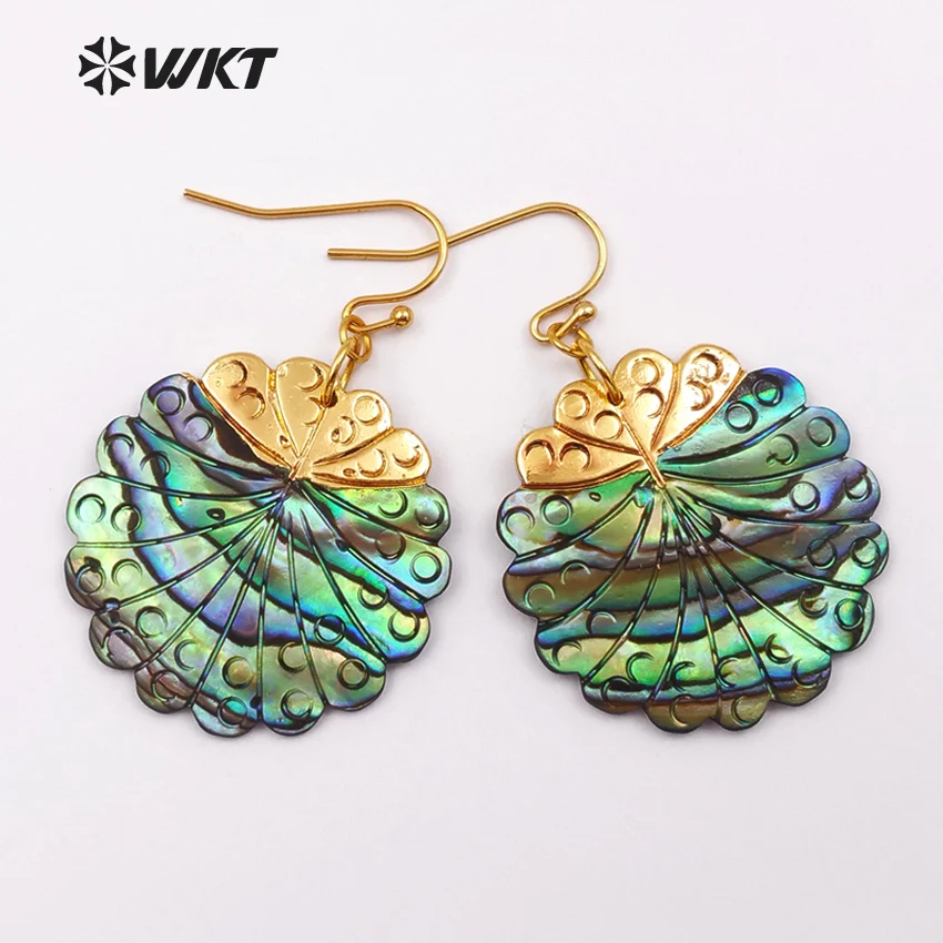 

WT-E435 WKT wholesale natural abalone shell earrings gear leaf shape dangle earring with gold metal electroplated female jewelry