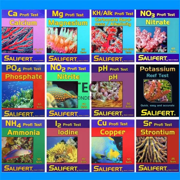Тест-Комплект Salifert Ca calcium Cu I2 KH Mg NH4 аммиак NO2 нитрит NO3 нитрат PH PO4 Sr калий воды тест риф танк