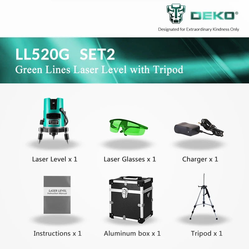 LL520G-SET2 DEKOPRO, 5 линий, 6 точек, лазерный уровень, 360, вертикальный и горизонтальный, поворотный, перекрестный, лазерный нивелир с наружным режимом - Цвет: LL520G-SET2
