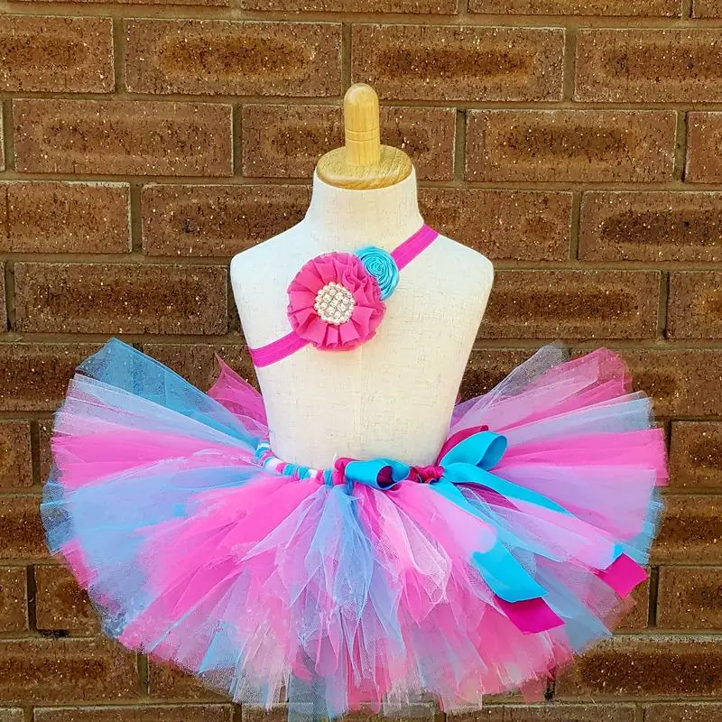 skirt with headband Мини-юбка-пачка с голубыми и розовыми цветами, юбка-пачка для девочек с повязкой на голову, детский праздничный костюм-пачка для дня рождения, PQ181 - Цвет: skirt with headband