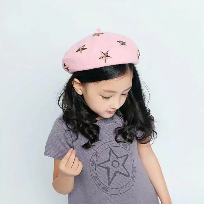 pink-stars VISROVER/ г. Детские шерстяные береты для маленьких детей; осенне-зимние шапки для мальчиков и девочек; Новая модная кепка для художника; французская кепка со звездами и цветами - Цвет: pink-stars