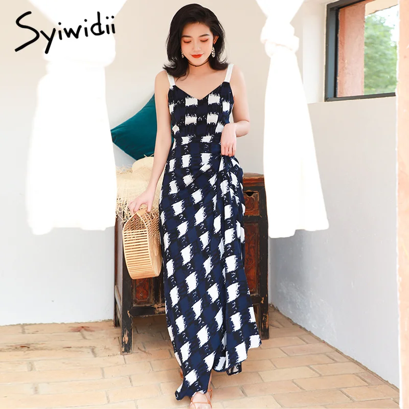 Syiwidii шифоновое платье в черно белую клетку с открытой спиной и бантом длинное на