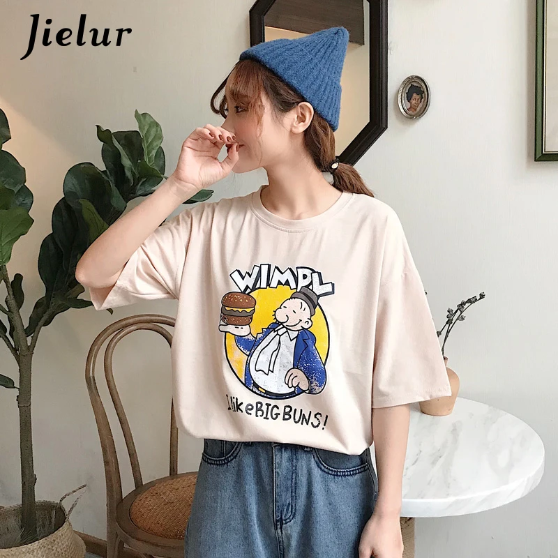 Jielur Лето футболка женская корейский милый мультяшный принт с коротким рукавом 4