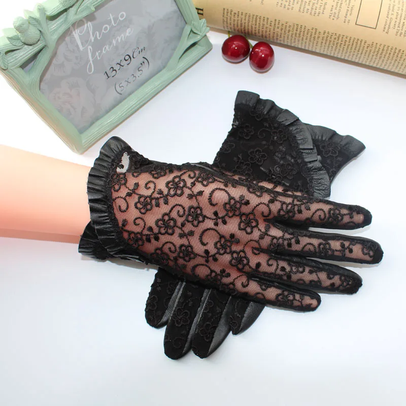 Перчатки женские из натуральной овечьей кожи солнцезащитные кружевные митенки с