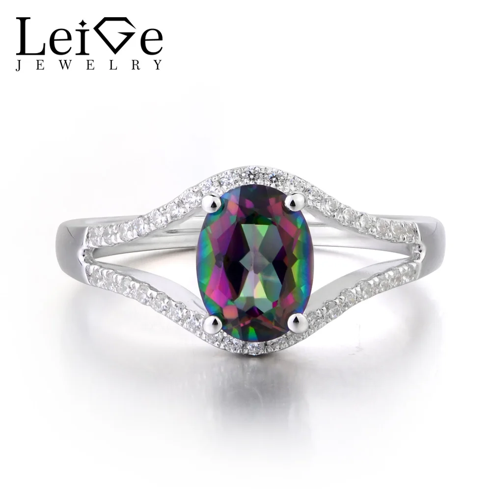 

Leige Jewelry Mystic Topaz Solid 925 Sterling Silver Ring Rainbow Gemstone Oval Cut Wedding Engagement Rings Jewelry for Women