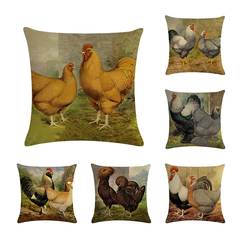 Винтажная наволочка для подушки ретро декоративная льняная с животным принтом