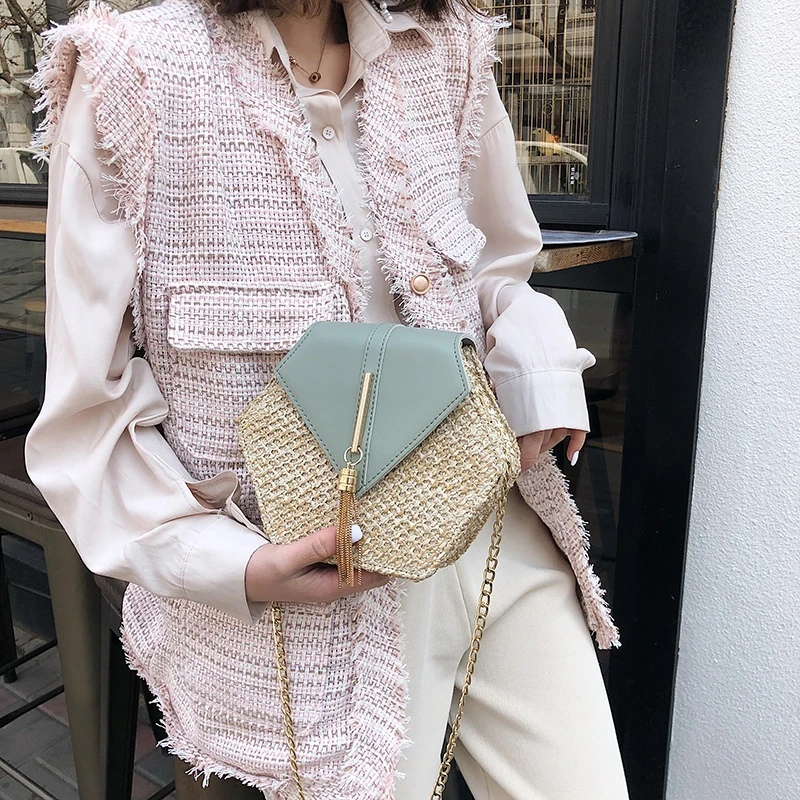 Шестиугольная Соломенная Сумка для женщин летние Тканые Пляжные Сумки через плечо женские маленькие кошельки и сумки Женская дорожная сумка-мессенджер