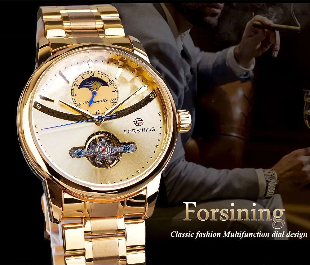 Forsining Tourbillon автоматические мужские часы классические золотые мужские часы фаза Луны механические часы из нержавеющей стали наручные часы Relogio