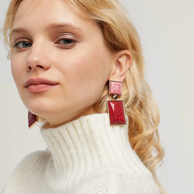 JZYN 2019 vintage geometric acrylic statement drop earrings for women 4 colors square stones dangle wholesale | Украшения и