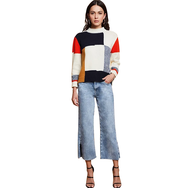 Romacci Warm Winter Sweaters and Pullovers Autumn Women Knit Sweater Multicolor Block O-Neck Long Sleeve Loose Casual Pullover | Женская