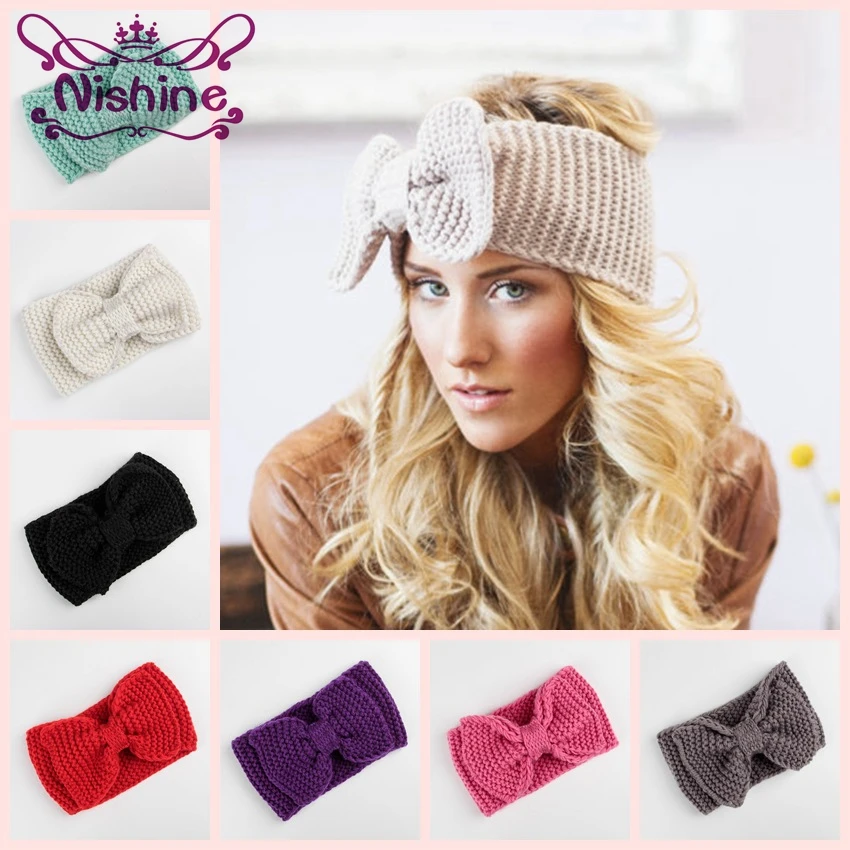 

Nishine New Ear Warmer Knot Bow Crochet Winter Headband Women Girl Knitted Turban Headwraps Hair Accessories