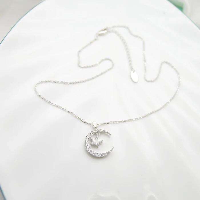 Silver Color JZTOP, ожерелье из циркона с Луной и звездой, Геометрическая цепочка, подвеска, колье, женское, изысканное, для банкета, вечерние, колье, ювелирное изделие, подарок - Окраска металла: Silver Color