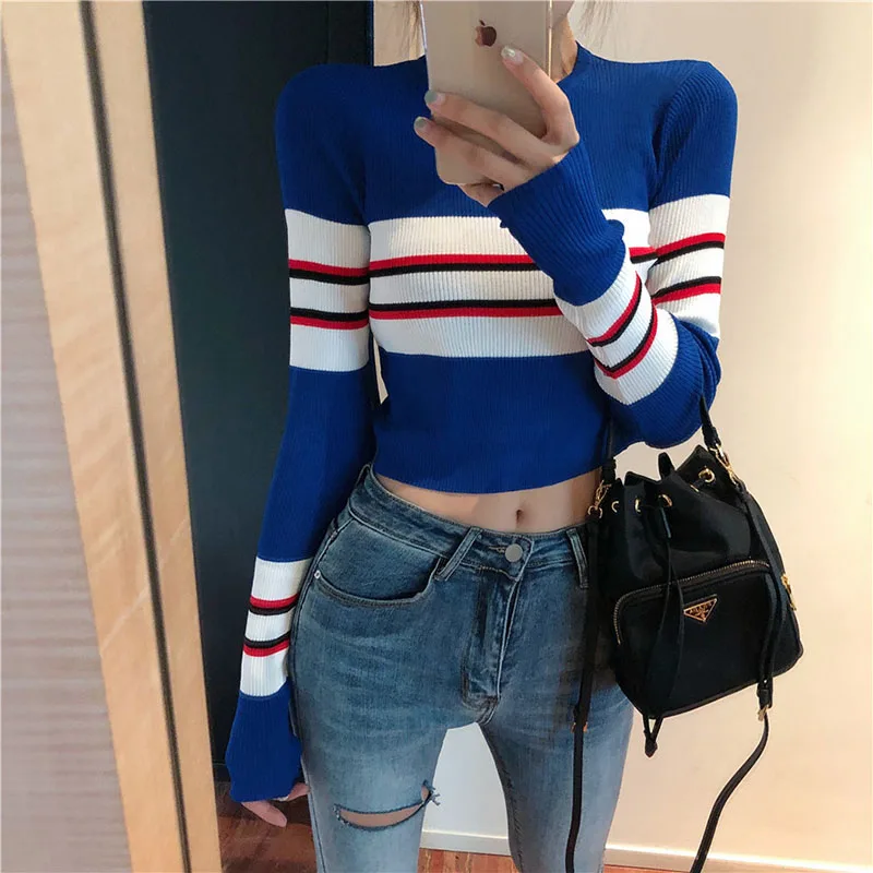 

Ulzzang Sweet Style Long Sleeve Short Winter Woman Sweater Knitting Pullovers Tumblr Harajuku Kawaii Blue Striped Women Sweaters