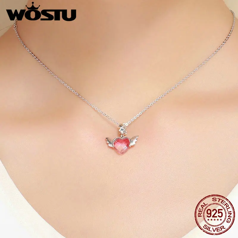 WOSTU, 925 пробы, серебро, градиент, розовое сердце, крылья ангела, Висячие Бусины Подходят на браслеты, браслет, кулон, модное ювелирное изделие, подарок, FIC846