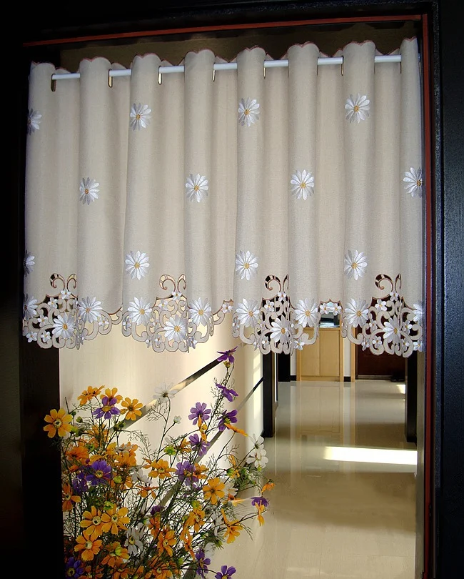 british half curtain sunflower embroidered window valance hollow hem light shading blackout curtain for kitchen cabinet door free global shipping