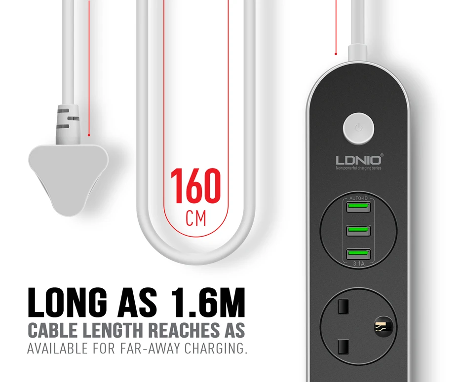 LDNIO SK3661 Настольный удлинитель питания три USB 250V Номинальное напряжение зарядное устройство с 1,6 м английская вилка Шнур для iPhone 6/Xiaomi