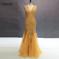 luxury long evening dress 2019 new mermaid v neck beaded crystal backless floor length gold sexy women formal prom evening gowns