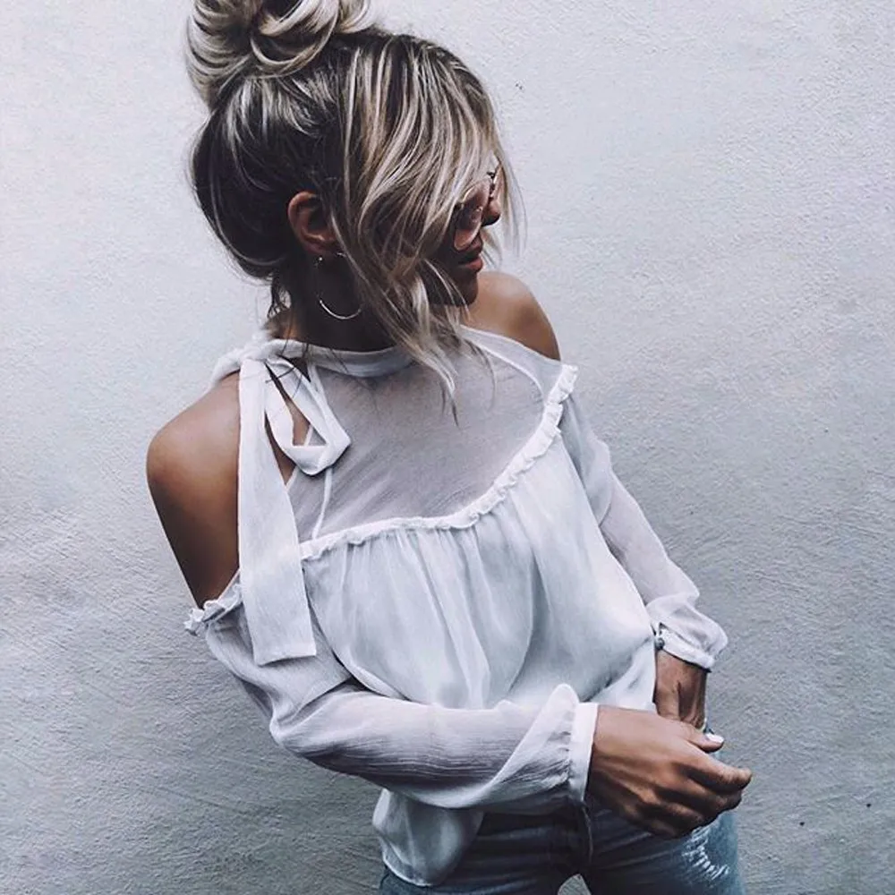 Женская однотонная Сексуальная шифоновая блузка с открытыми плечами и длинным